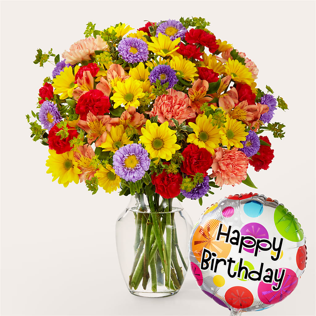 Kaleidoscope Bouquet with Birthday Balloon – Flowers By Van Brunt, Long Branch NJ