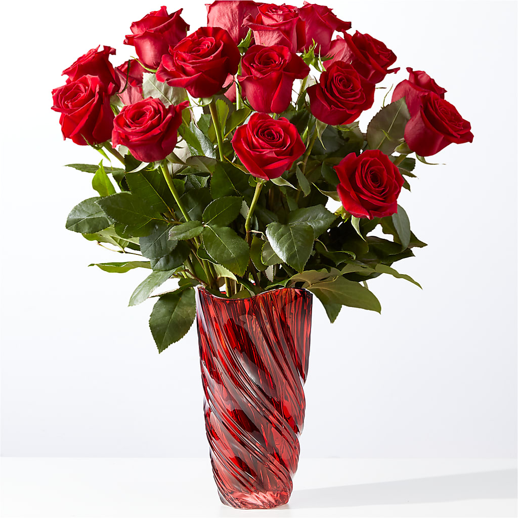 Classic Love Red Rose Bouquet with Luxe Swirl Vase – Flowers By Van Brunt, Long Branch NJ
