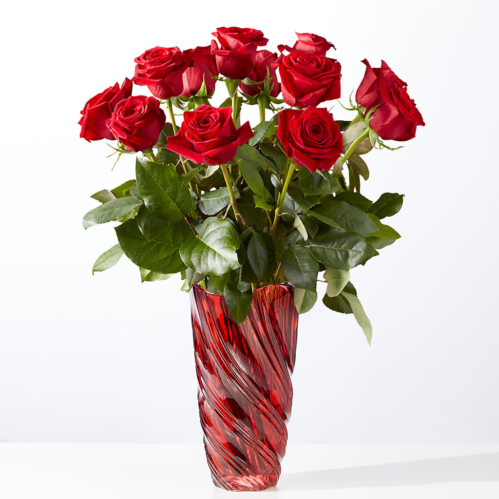 Classic Love Red Rose Bouquet with Luxe Swirl Vase – Flowers By Van Brunt, Long Branch NJ
